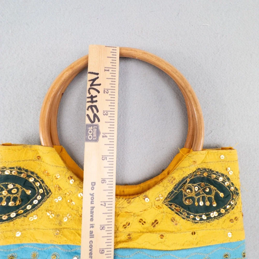 Boho Ethnic Indian Handicraft Sequin Elephant Festival Bag Wooden Handle Tote